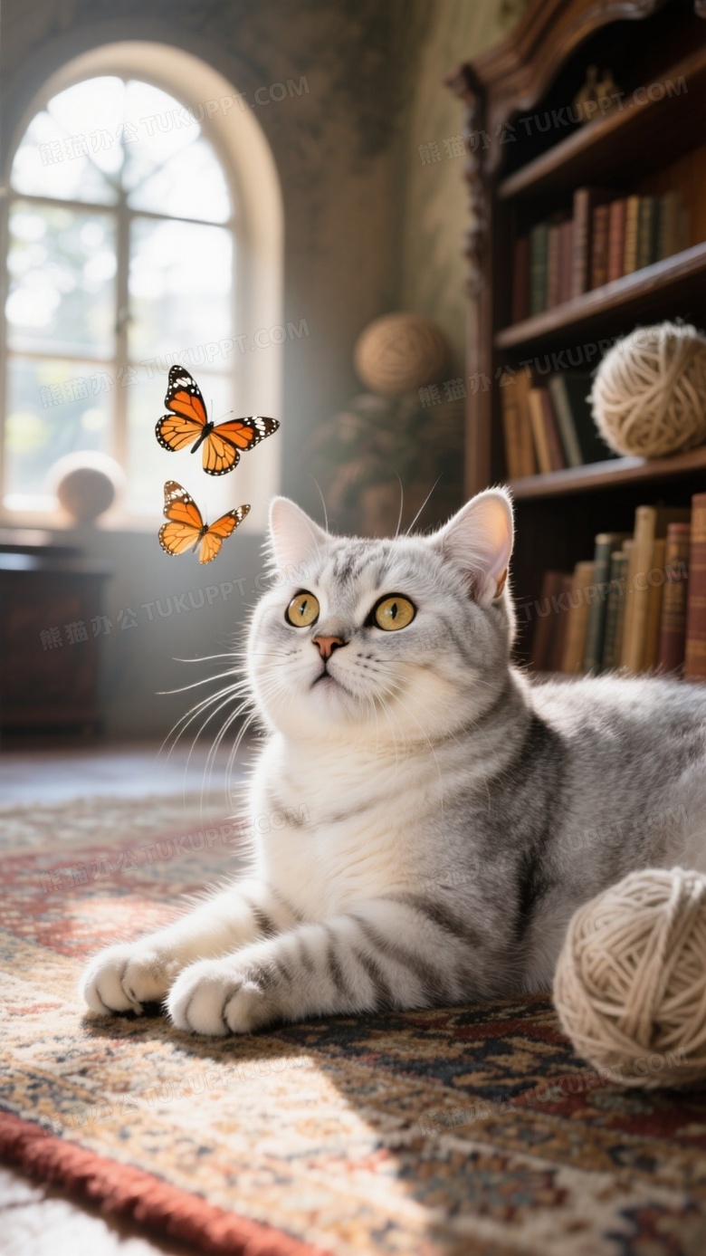 银渐层猫咪侧卧在波斯地毯上