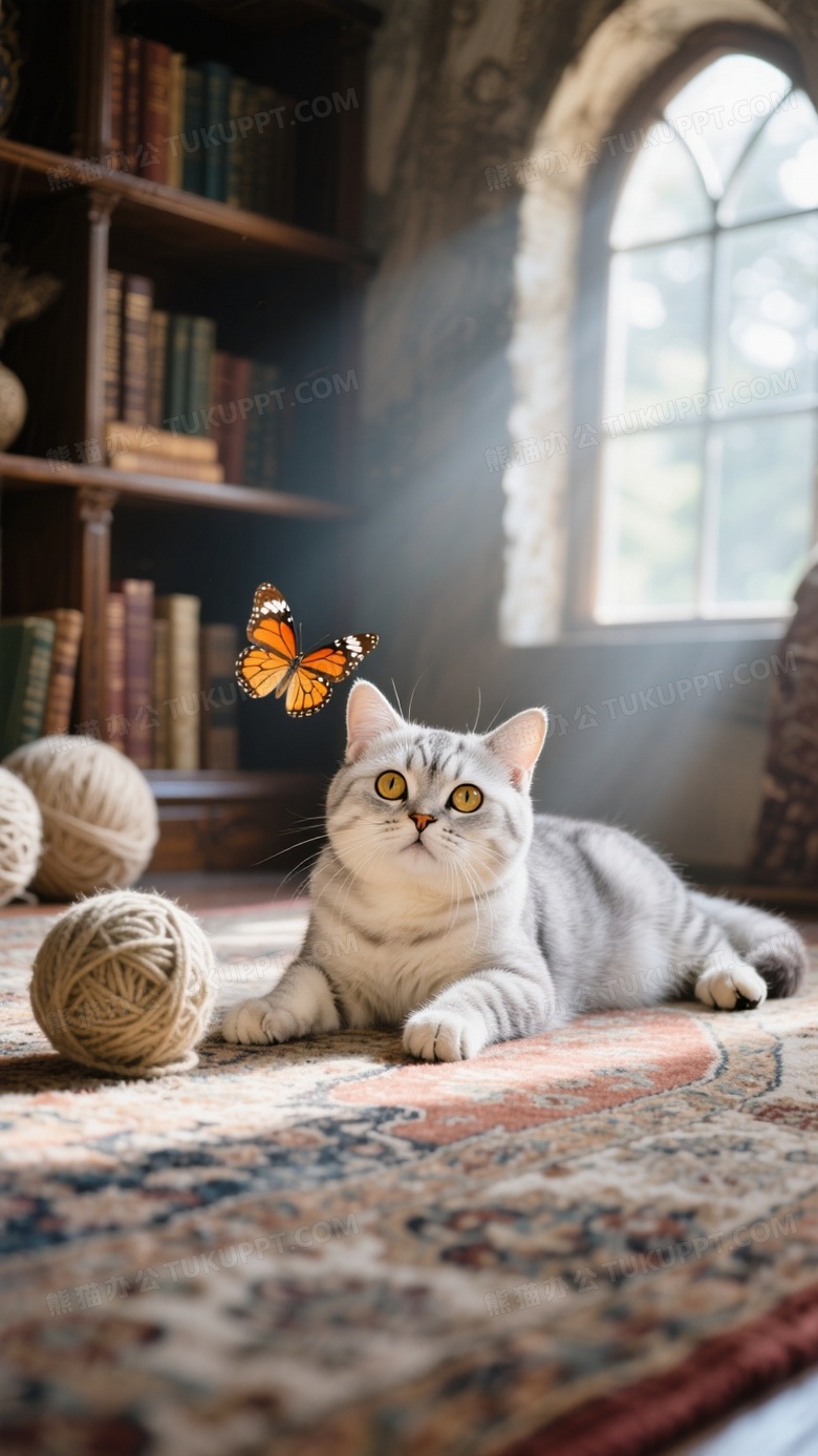 银渐层猫咪侧卧在波斯地毯上