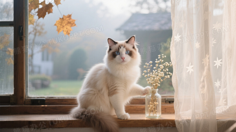 布偶猫端坐橡木窗台凝视镜头