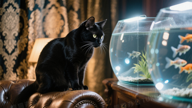 黑猫蹲坐皮质沙发扶手凝视鱼缸