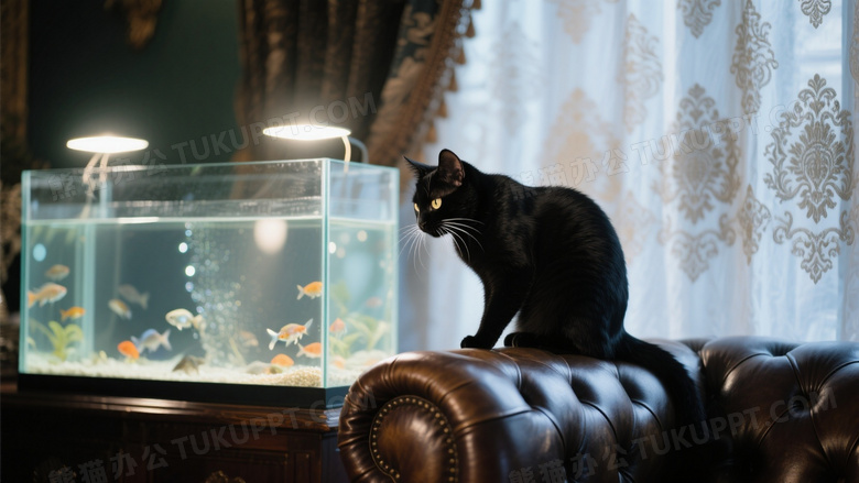 黑猫蹲坐皮质沙发扶手凝视鱼缸
