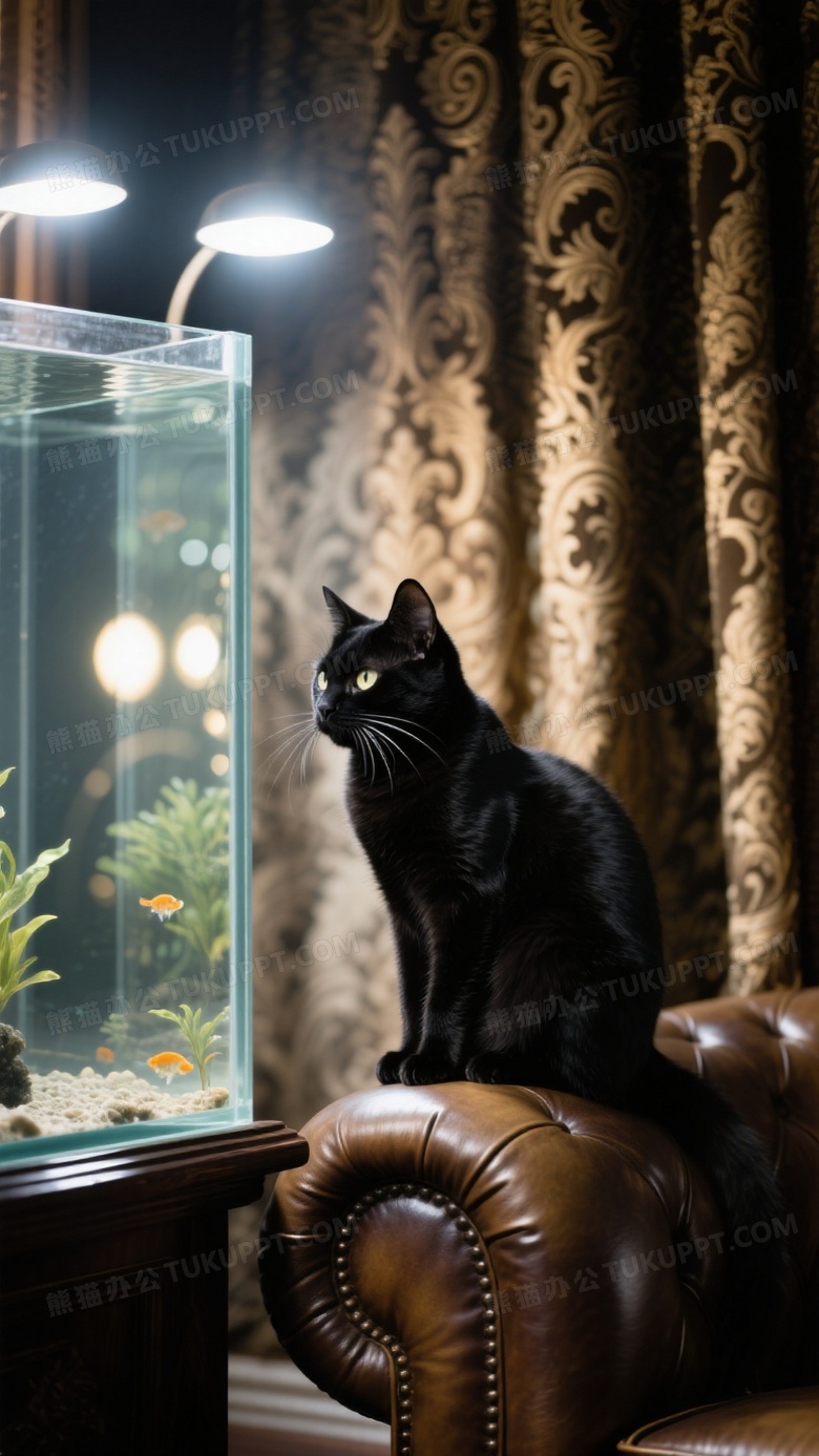 黑猫蹲坐皮质沙发扶手凝视鱼缸