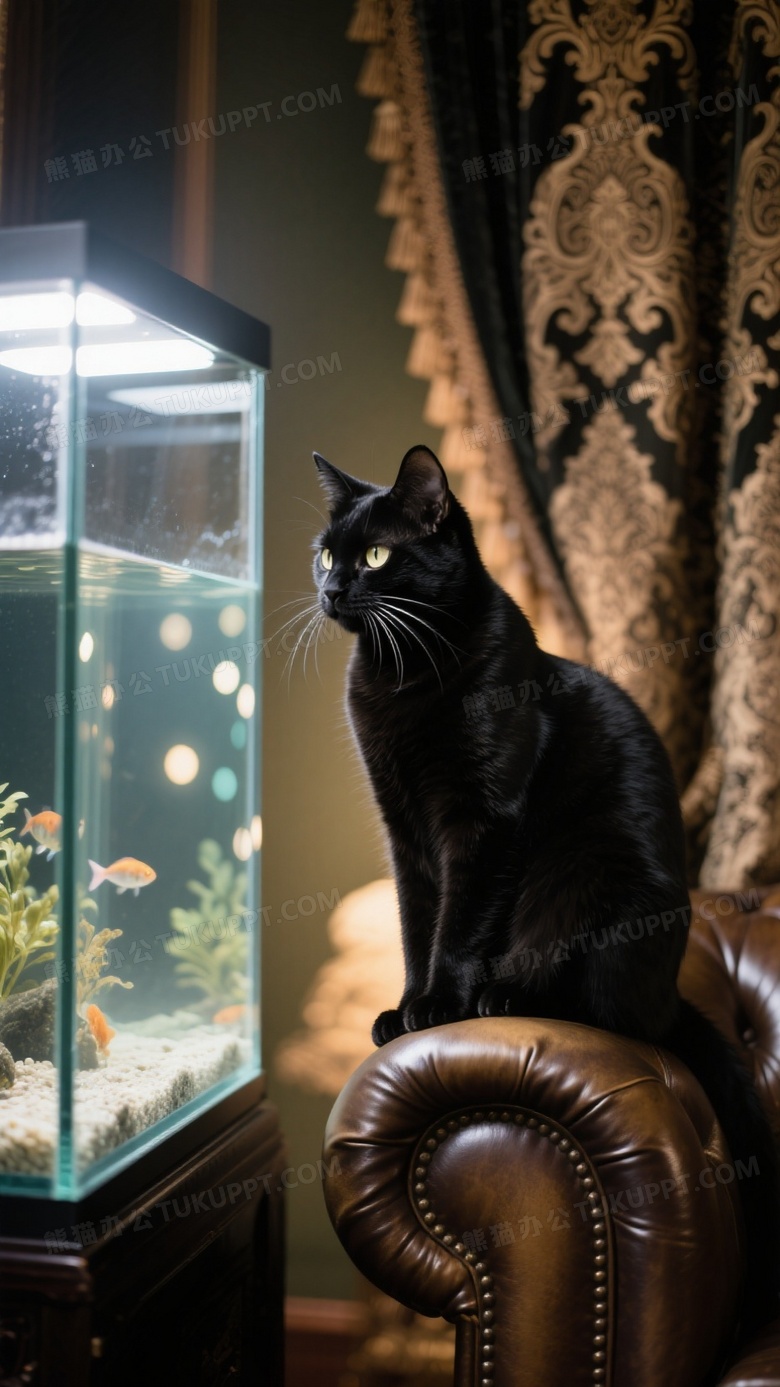 黑猫蹲坐皮质沙发扶手凝视鱼缸