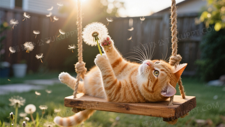 橘猫仰卧秋千架伸爪触碰蒲公英