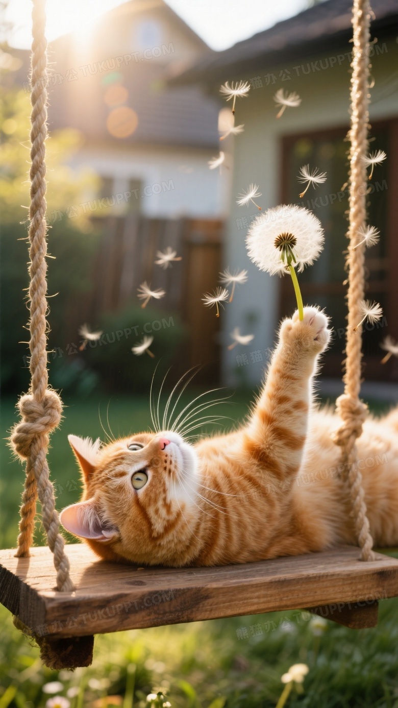 橘猫仰卧秋千架伸爪触碰蒲公英