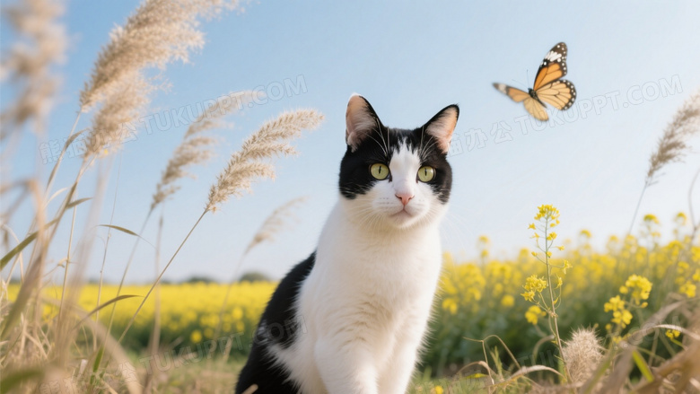 奶牛猫潜伏芦苇丛伺机扑蝶