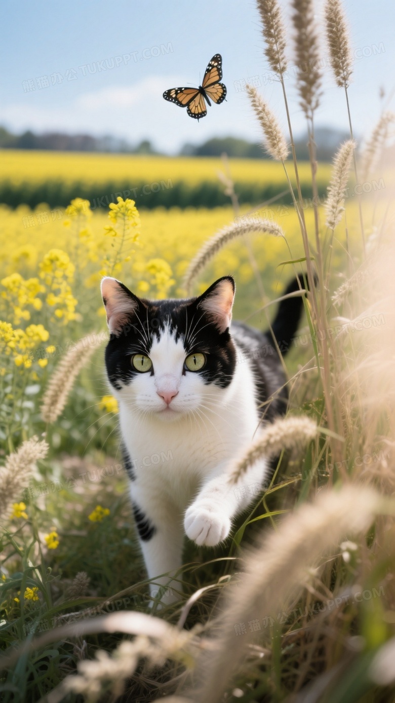 奶牛猫潜伏芦苇丛伺机扑蝶