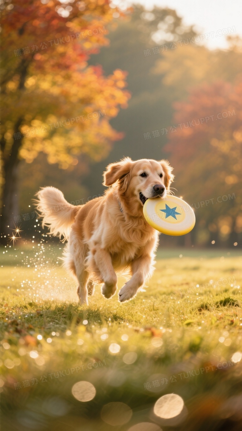 金毛巡回犬在金色晨光中叼着飞盘奔跑