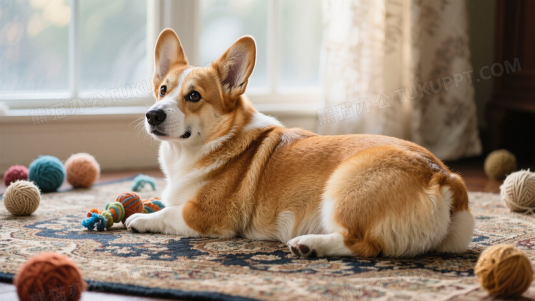 柯基犬侧卧在复古波斯地毯上歪头凝视镜头