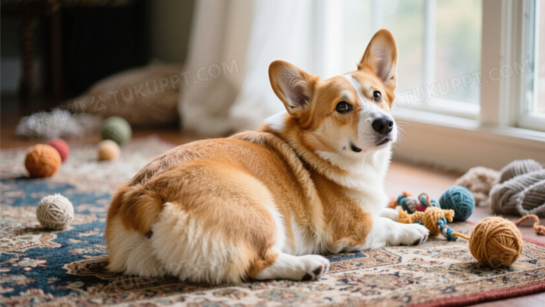柯基犬侧卧在复古波斯地毯上歪头凝视镜头