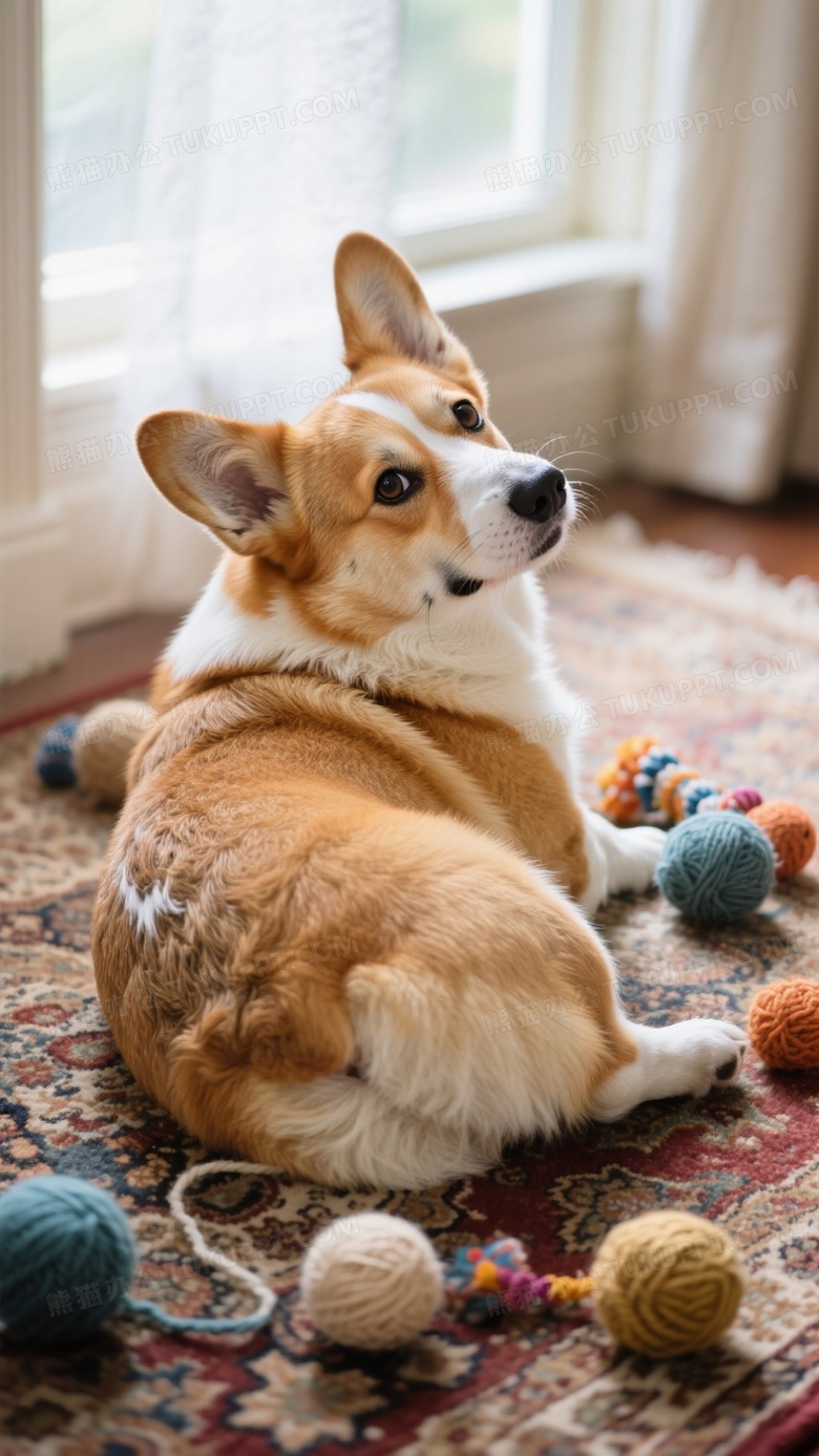 柯基犬侧卧在复古波斯地毯上歪头凝视镜头