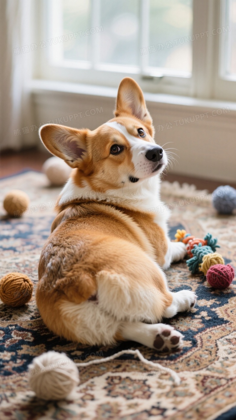 柯基犬侧卧在复古波斯地毯上歪头凝视镜头