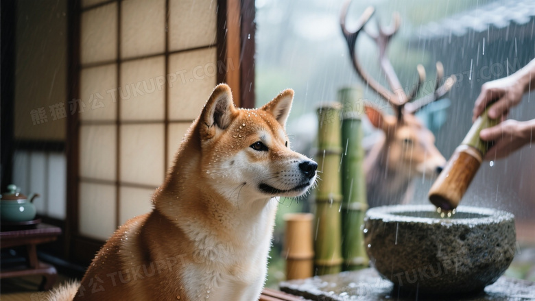 柴犬端坐日式茶室廊檐下凝视雨帘