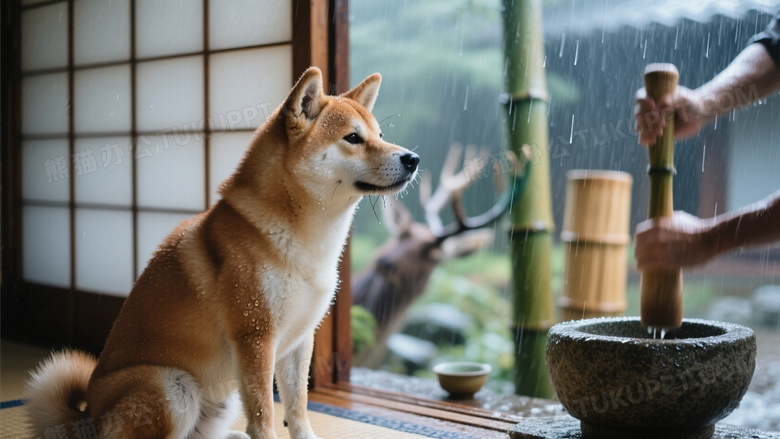 柴犬端坐日式茶室廊檐下凝视雨帘