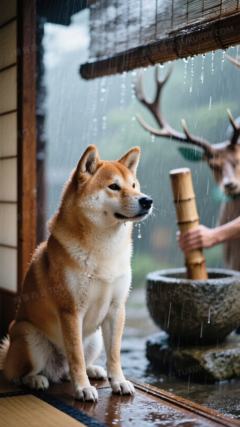柴犬端坐日式茶室廊檐下凝视雨帘