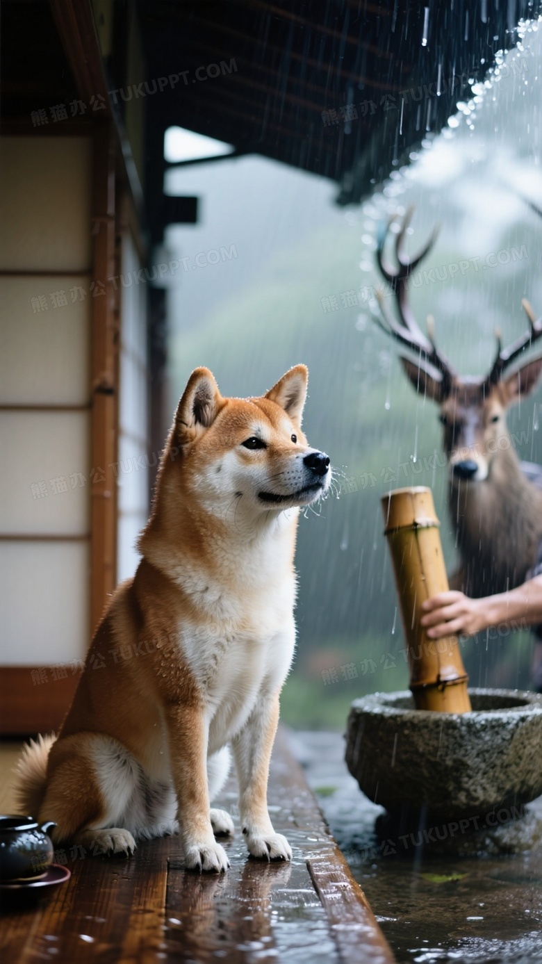 柴犬端坐日式茶室廊檐下凝视雨帘