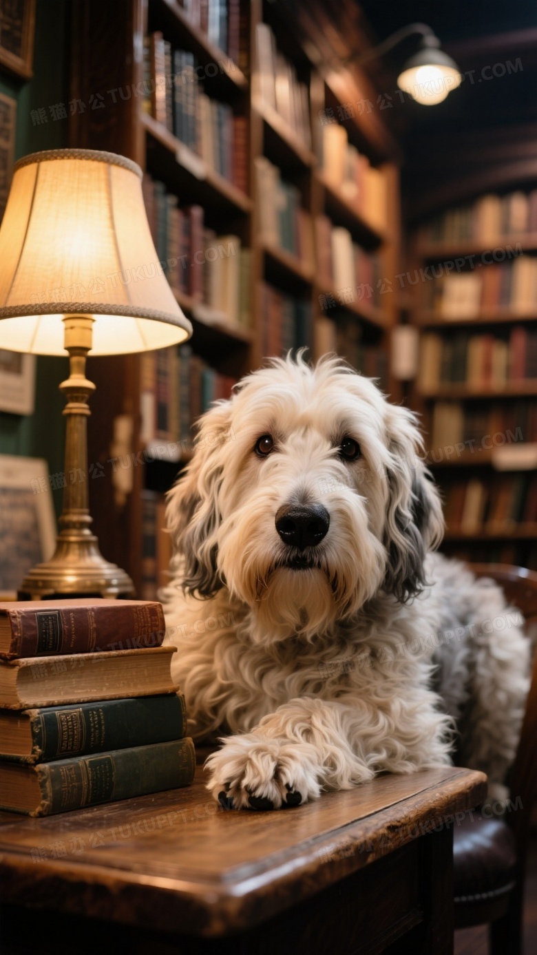 古代牧羊犬趴伏在古董书店橡木桌