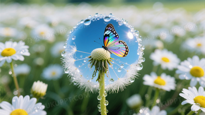 雏菊花海微距特写露珠倒映着蓝天与蒲公英