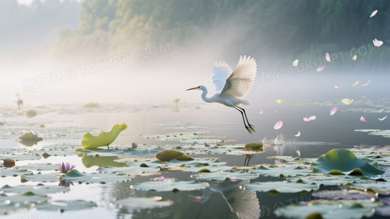 荷花湿地生态摄影鹭鸟掠过铺满睡莲的湖面