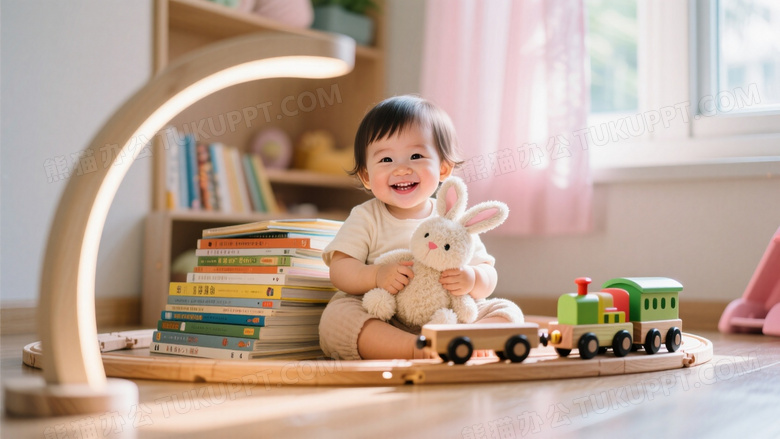 两岁宝宝抱着毛绒兔坐在绘本堆中憨笑