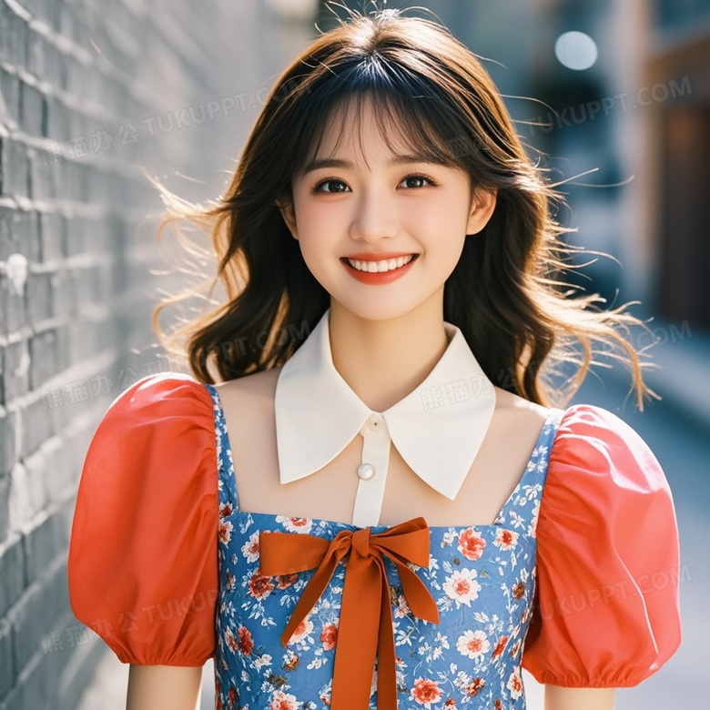 美丽的女孩穿着红色的裙子开心的对着镜头微笑