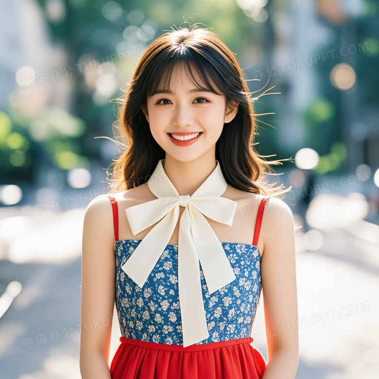 美丽的女孩穿着红色的裙子开心的对着镜头微笑