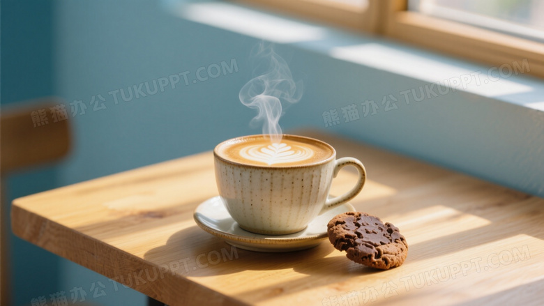高清咖啡摄影图一杯冒着热气的拿铁咖啡放在木质桌面上
