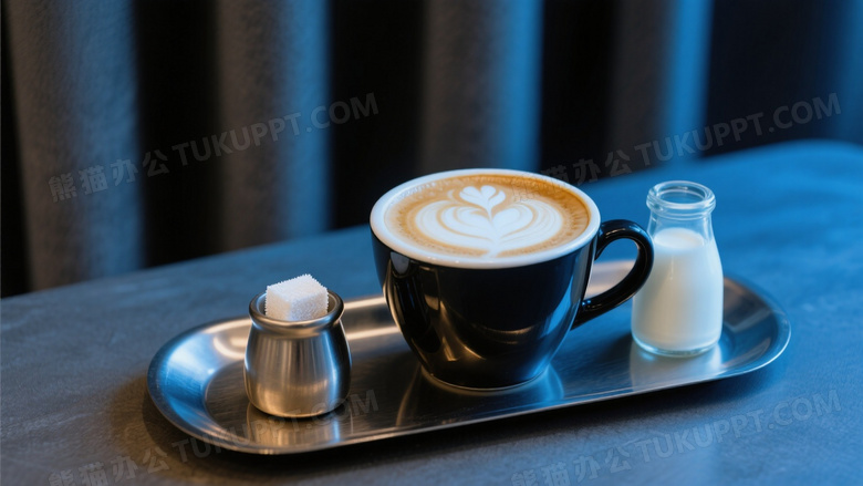 咖啡高清摄影卡布奇诺咖啡放在金属质感的托盘上
