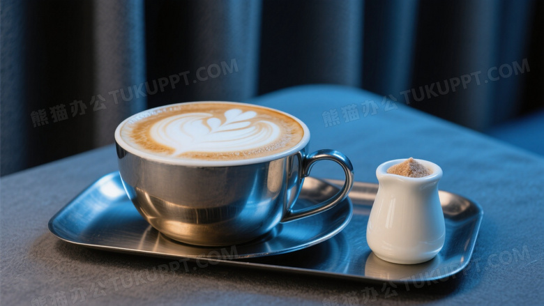咖啡高清摄影卡布奇诺咖啡放在金属质感的托盘上