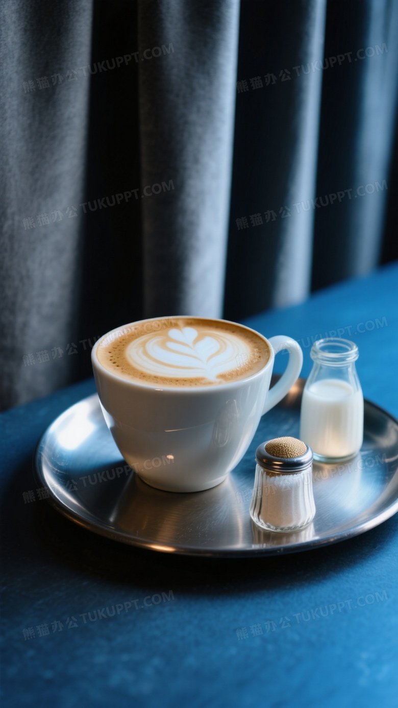咖啡高清摄影卡布奇诺咖啡放在金属质感的托盘上