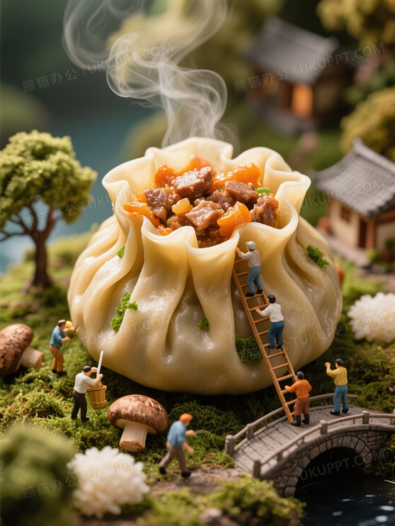 顶部开口褶皱烧麦热气升腾