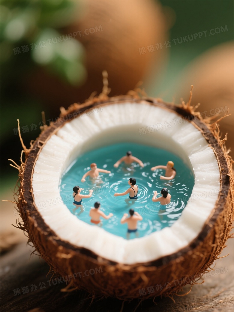 微观摄影一颗椰子里一群人在游泳