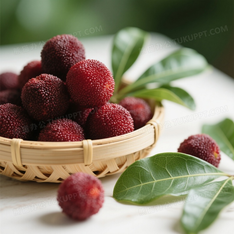 仙居杨梅圆润饱满色泽深红的杨梅放在竹篮里