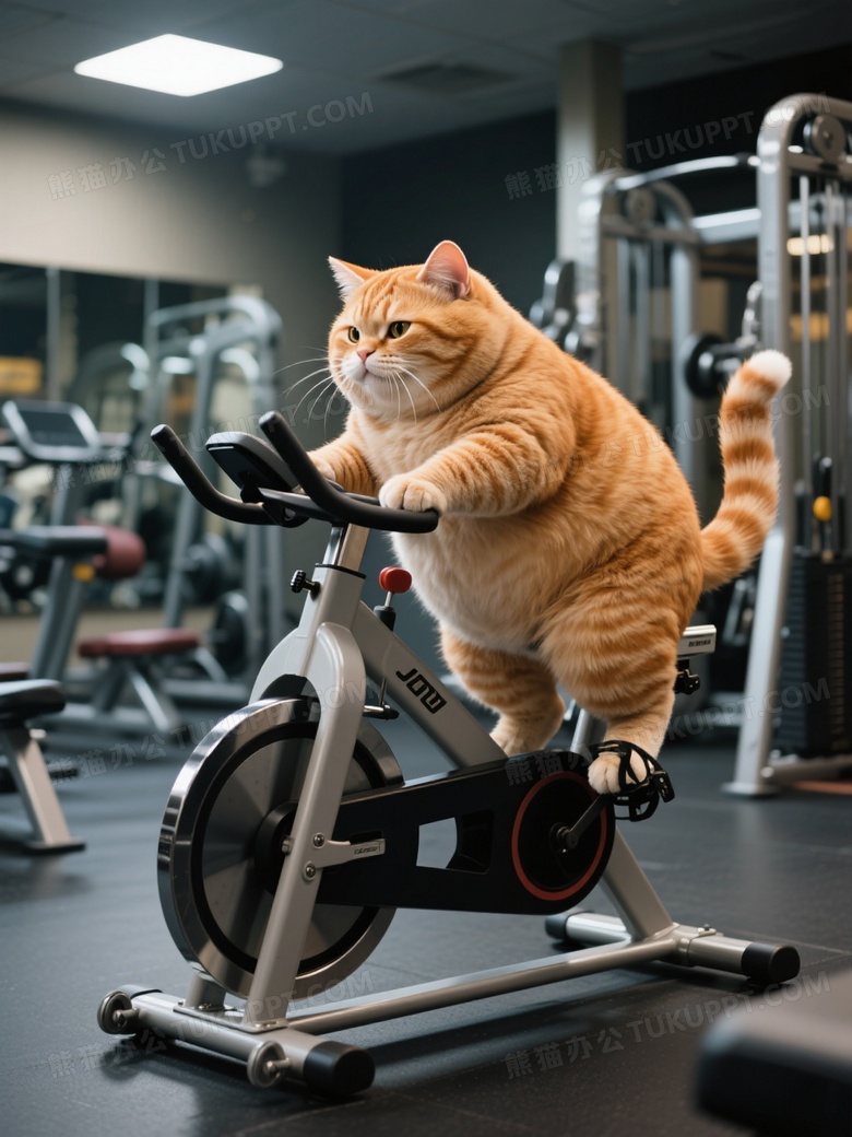 一只拟人化的胖橘猫在健身房骑动感单车