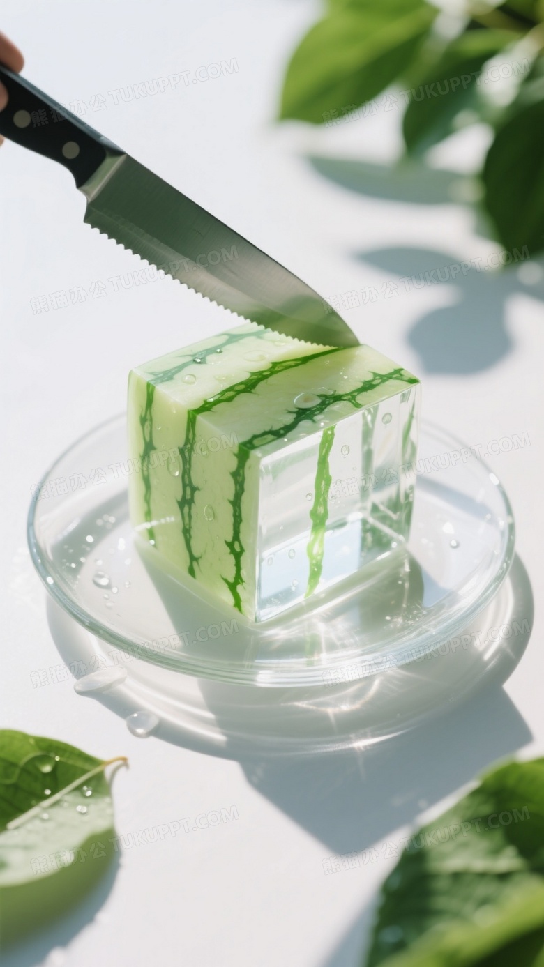 一个透明的方形西瓜形状的水晶放在一个透明的盘子里