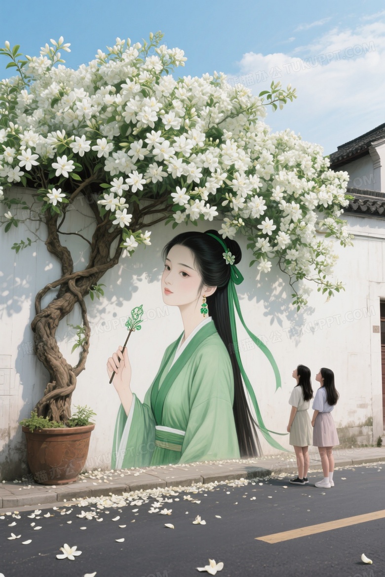 街头一面墙壁上画着一个古风美女