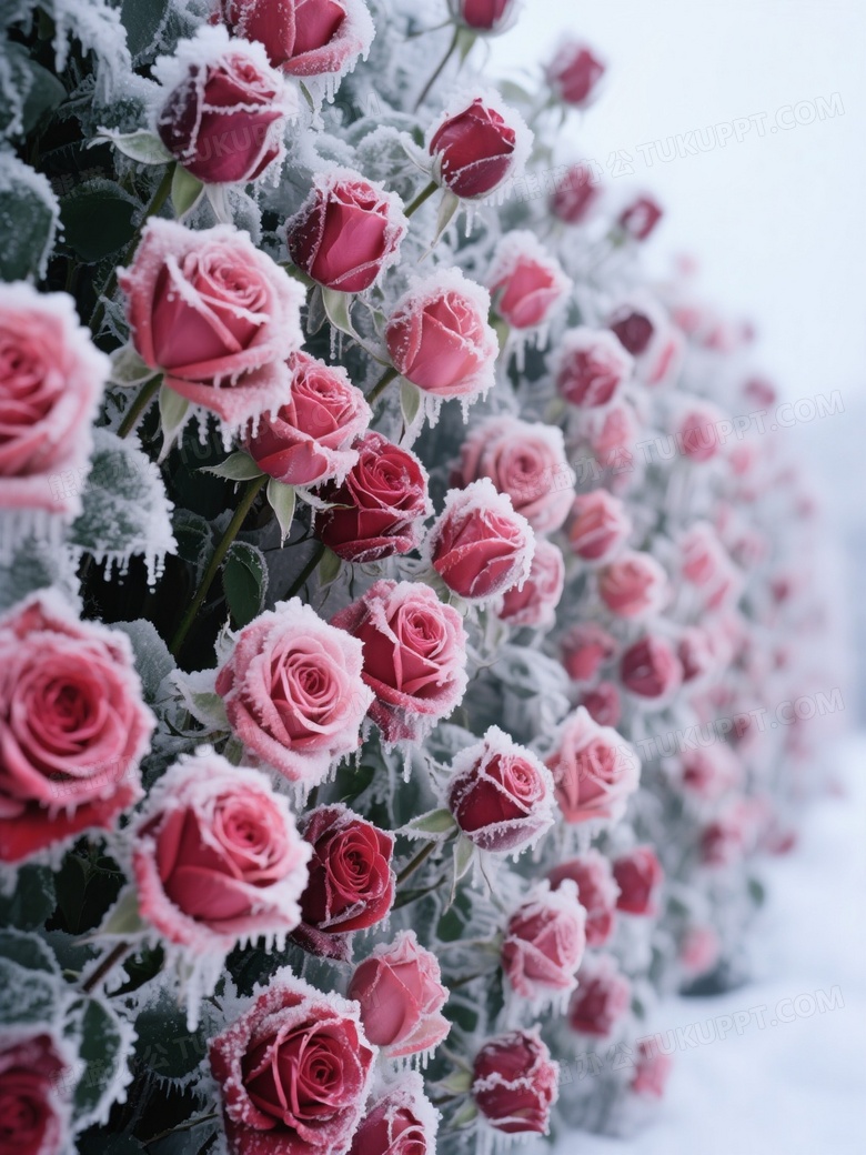 被冰雪封冻的玫瑰花排成一面花墙