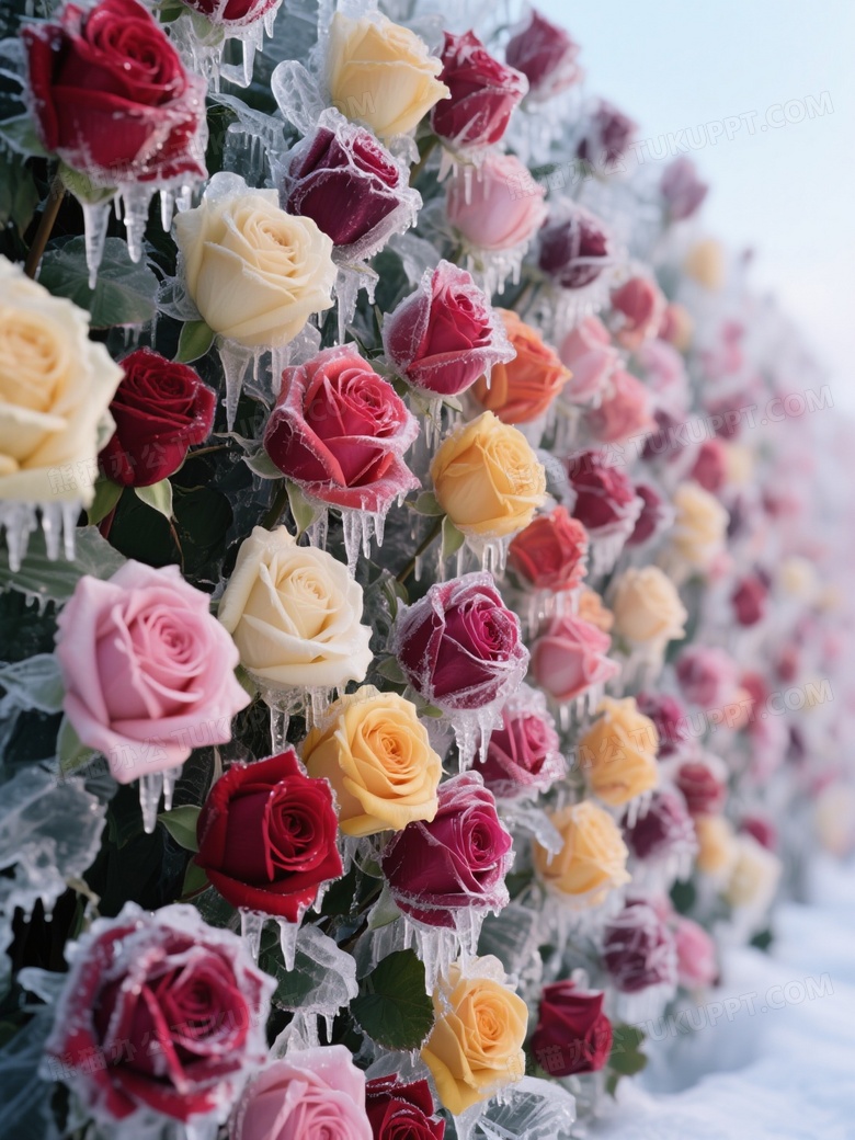 被冰冻上的玫瑰花排成花墙