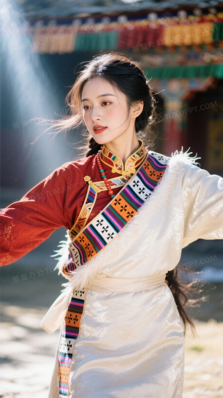 一位白马藏族大美女身穿白马藏族舞蹈服饰
