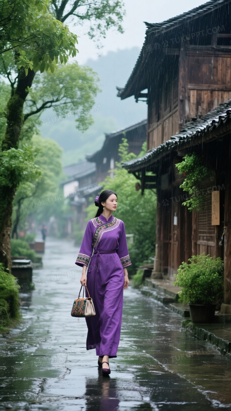 一幅烟雨古镇的美丽画卷