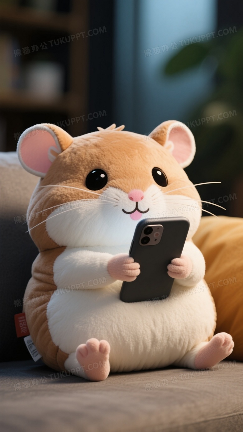 拟人仓鼠靠垫看手机的现代摄影