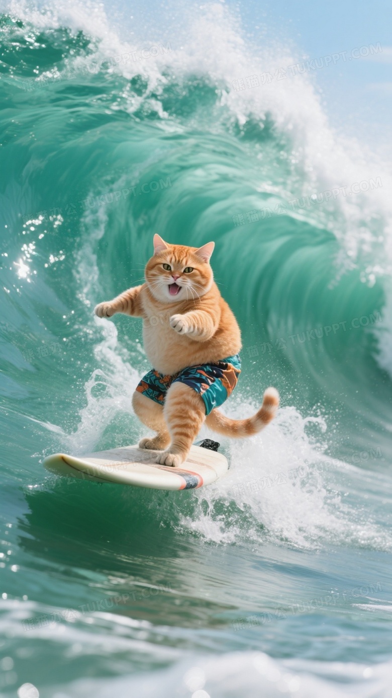 胖橘猫冲浪穿着时尚短裤