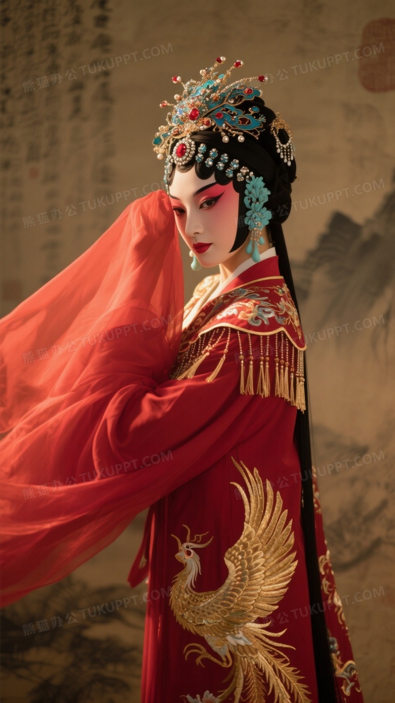 京剧风华一位绝代名伶身着绣金凤纹的红色戏服