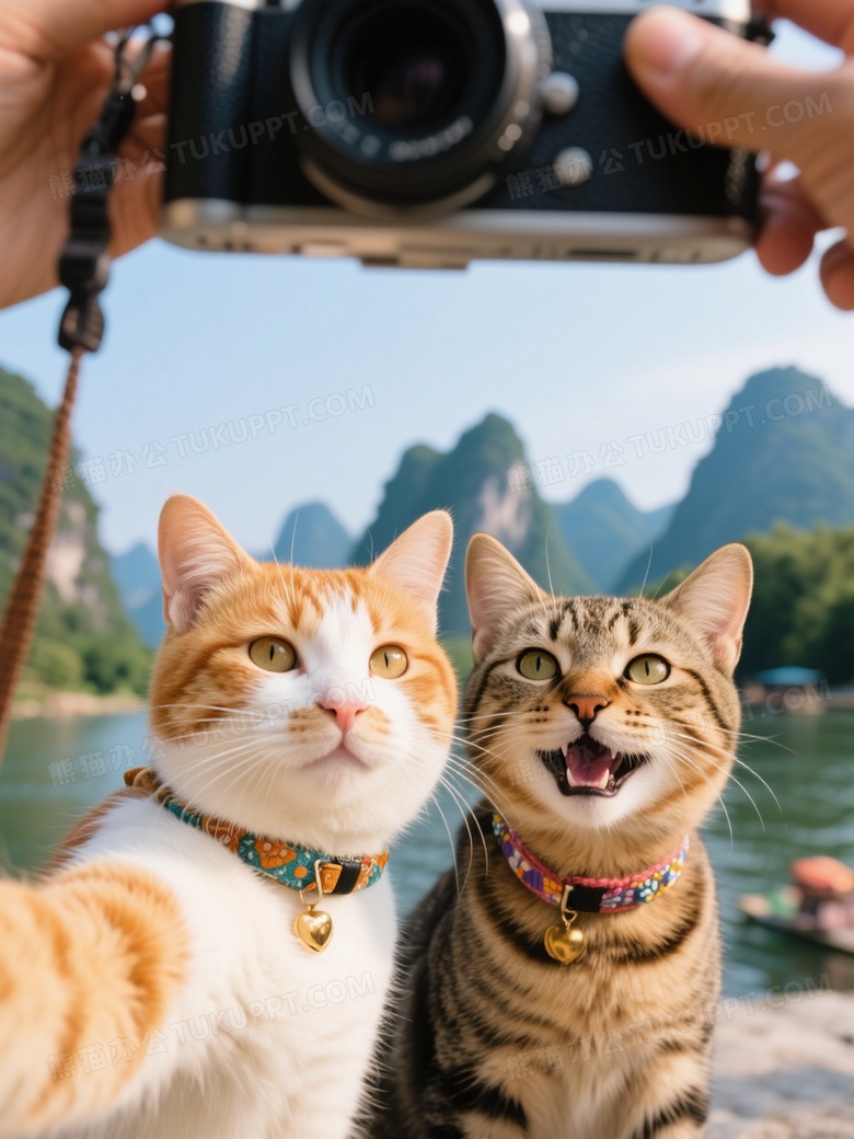 旅游自拍照近景是一只橘白猫和一只狸花猫