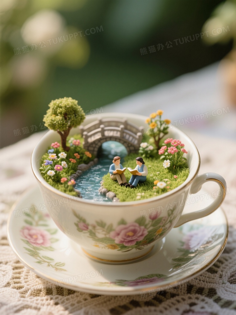 一只陶瓷茶杯杯内是一个完整的微型花园