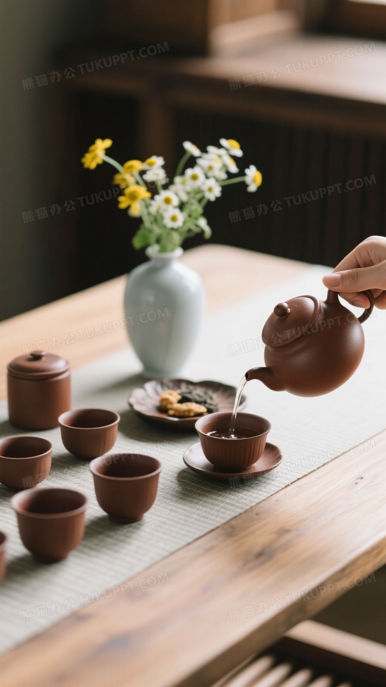 中式原木茶桌摆放统一棕褐色紫砂茶具