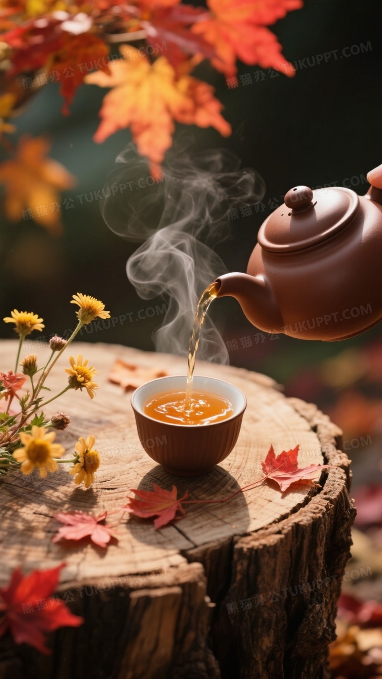树桩桌场景褐色茶壶正往杯中倒出琥珀色茶汤