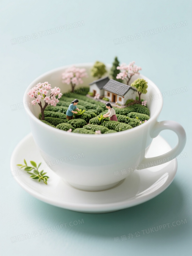 微缩景观微距摄影描绘了一个白色茶杯内部的世界
