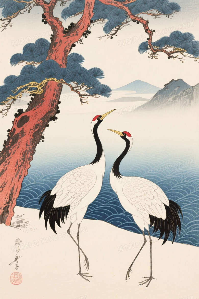 日本浮世绘的仙鹤松柏大师杰作
