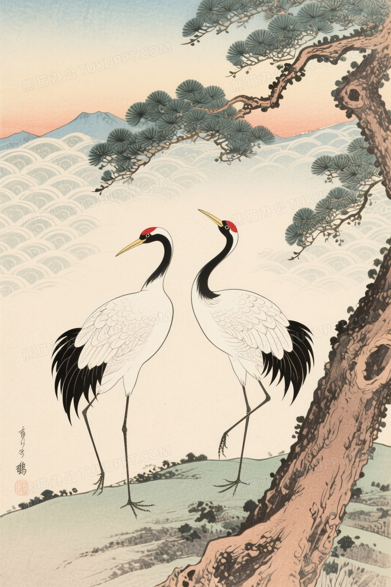 日本浮世绘的仙鹤松柏大师杰作